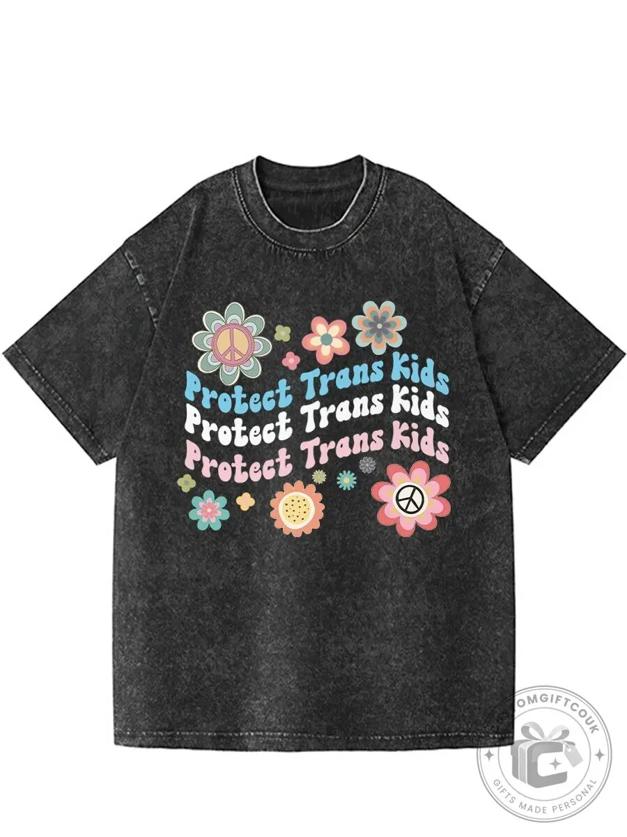 Protect Trans Kids Vintage Flowers Washed Black Graphic T-Shirt